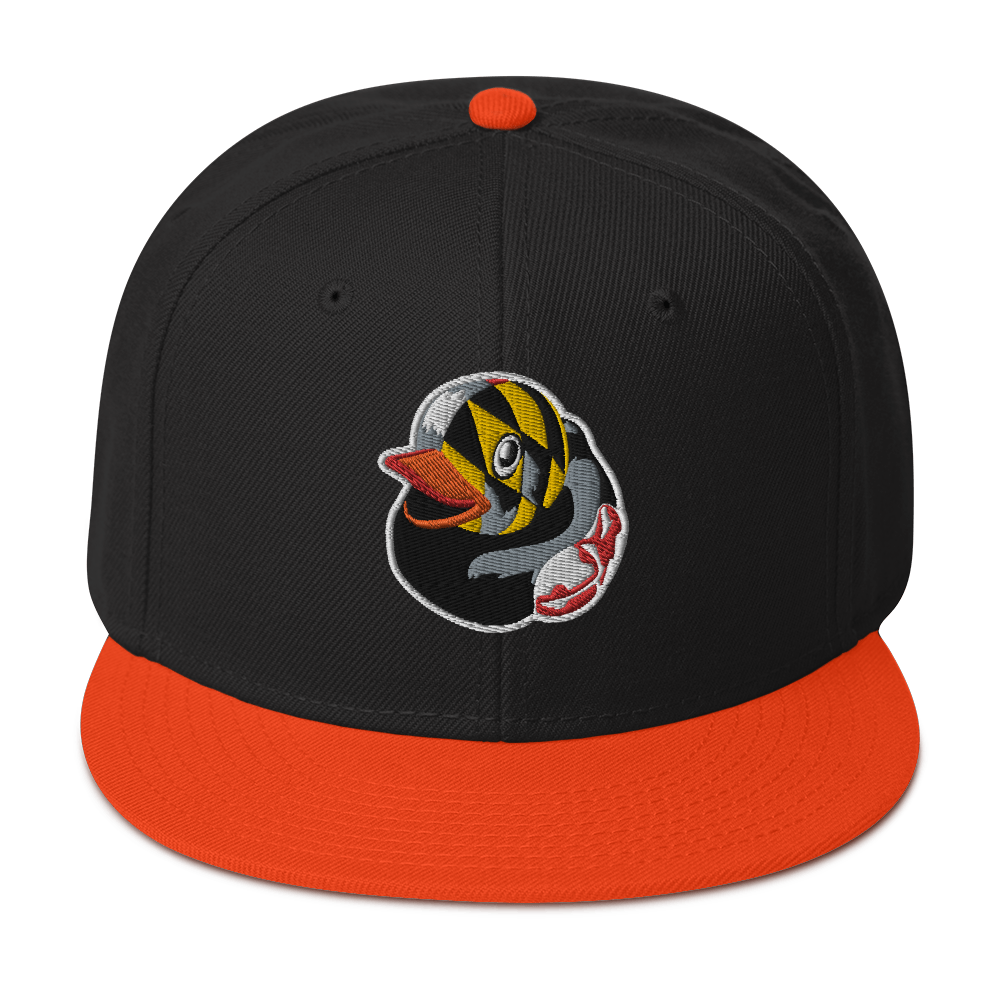 front view black hat with orange brim and a Maryland BMORE DUCKS! logo outlined in white