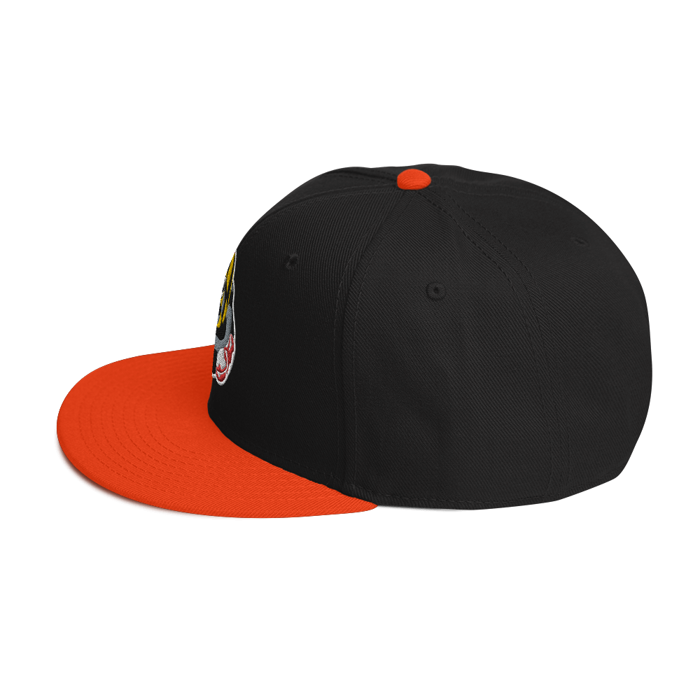 side view black hat with orange brim and a Maryland BMORE DUCKS! logo outlined in white