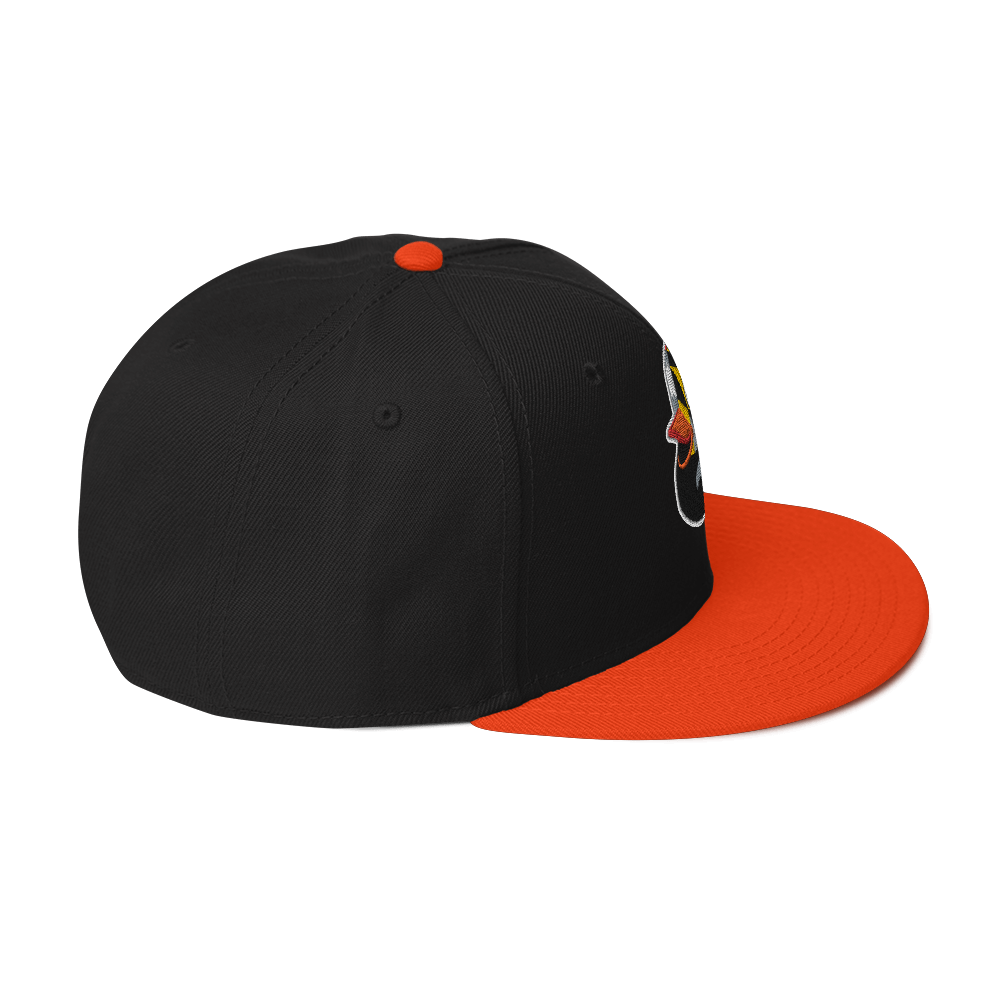 side view black hat with orange brim and a Maryland BMORE DUCKS! logo outlined in white