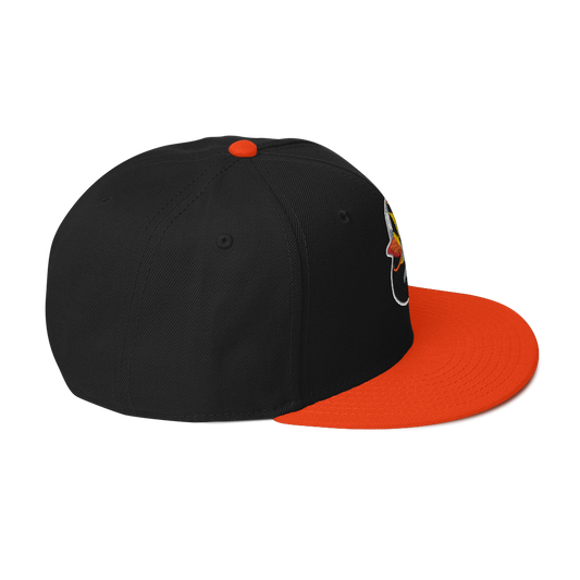 side view black hat with orange brim and a Maryland BMORE DUCKS! logo outlined in white