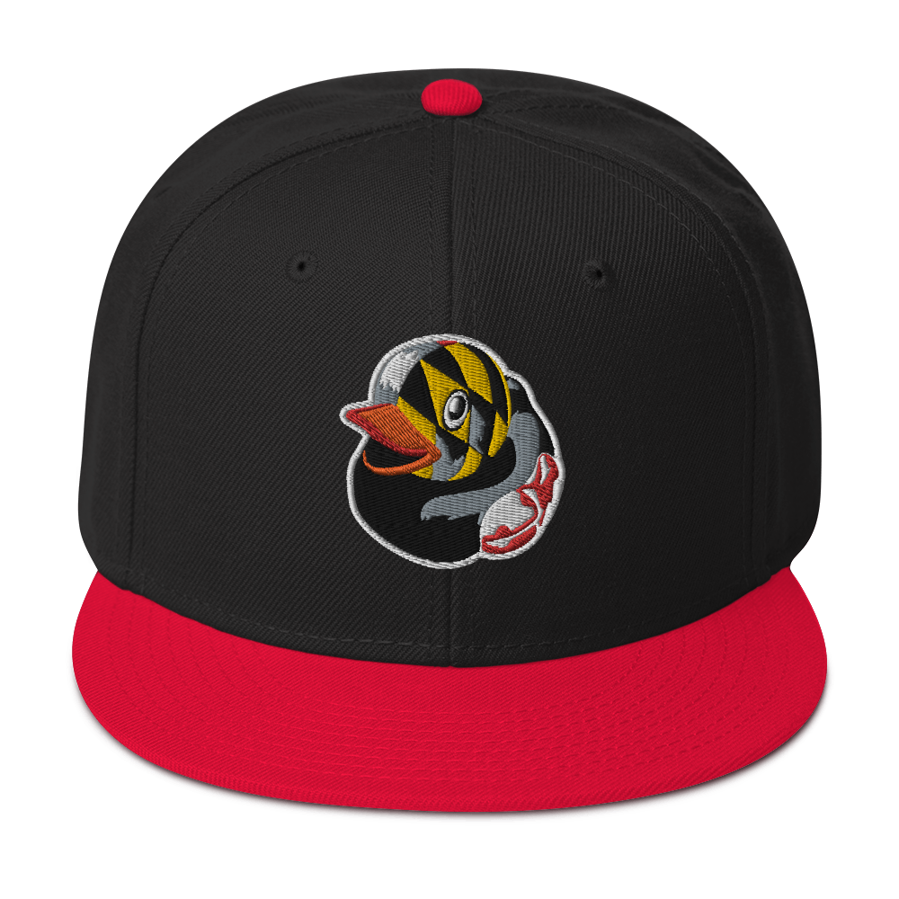 front view black hat with red brim and a Maryland BMORE DUCKS! logo outlined in white