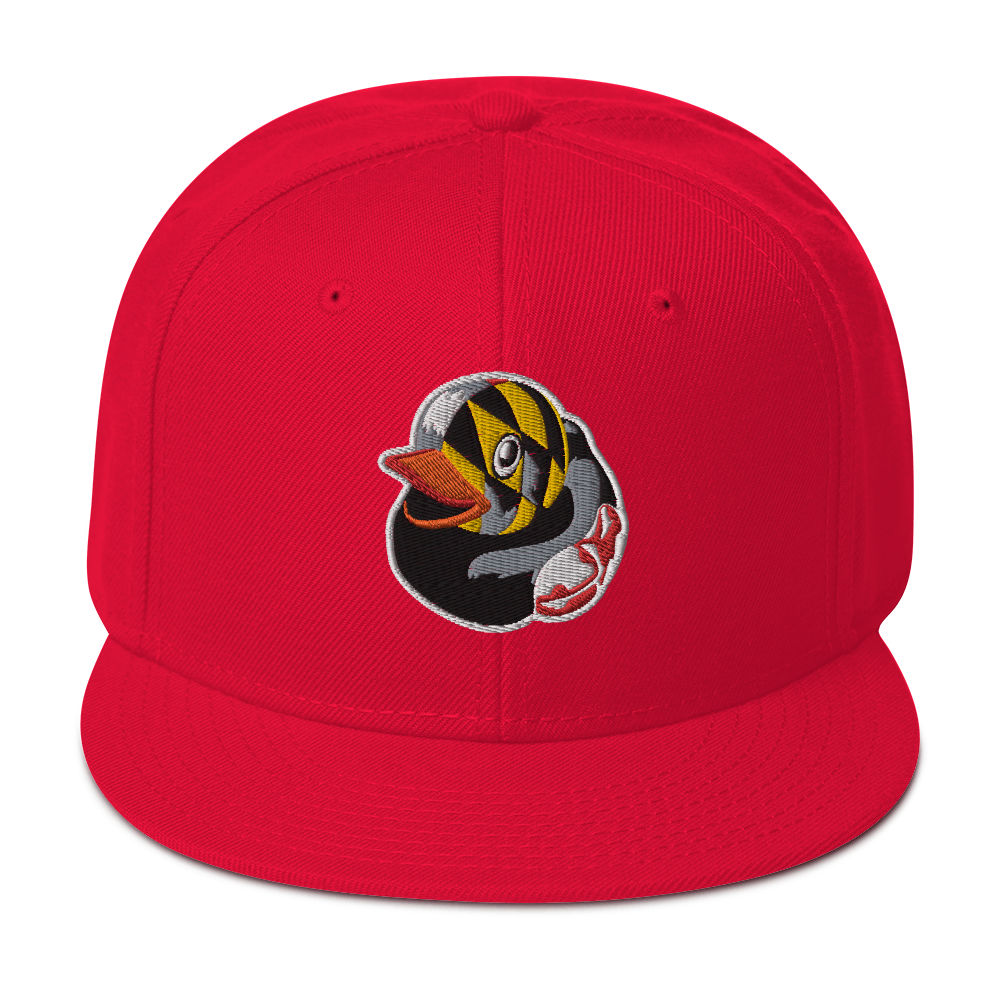 front view red hat with red brim and a Maryland BMORE DUCKS! logo outlined in white