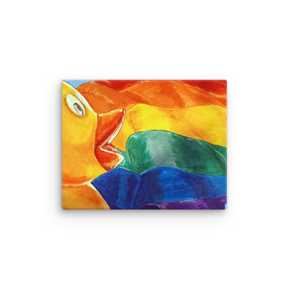 11x14 Canvas print of painting of rubber duck profile in front of pride flag