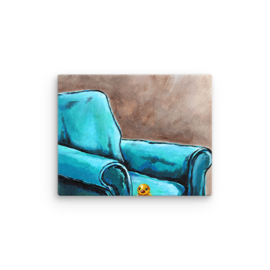 11x14 Canvas print of a painting of a rubber duck sitting in a blue arm chair