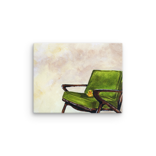 11x14 Canvas print of a rubber duck sitting in a green mid century arm chair