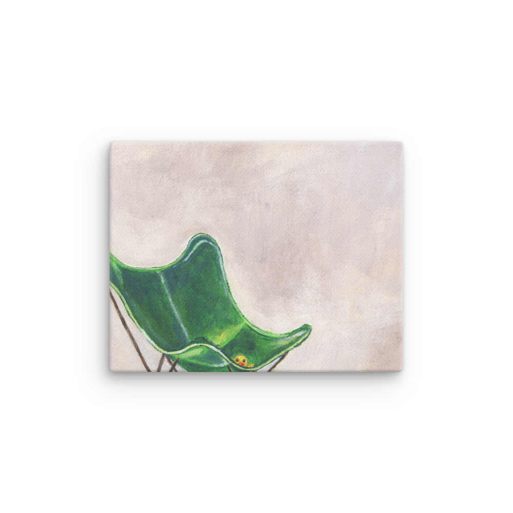 11x14 Canvas print of a rubber duck sitting in a green butterfly chair