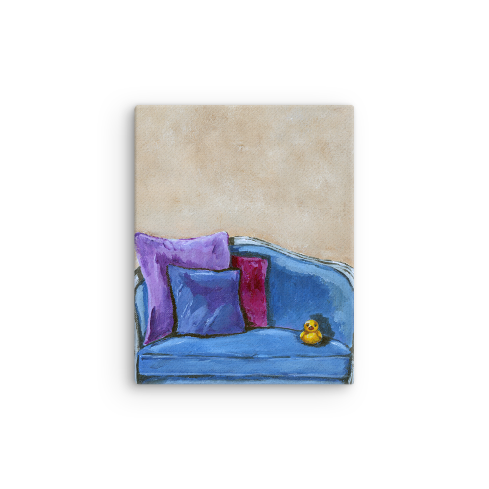 11x14 Canvas print of a rubber duck sitting in a blue upholstered chair