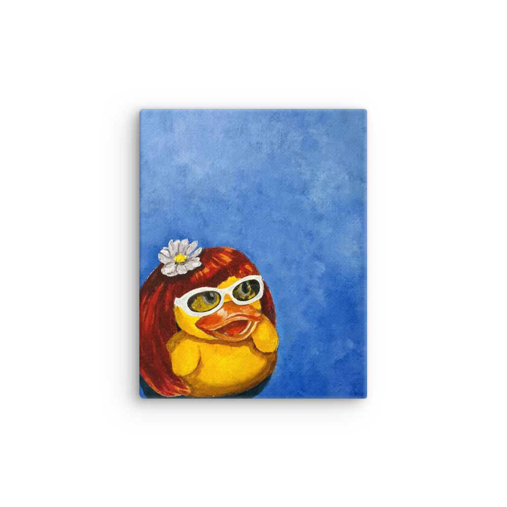 11x14 Canvas print of a rubber duck wearing a wig with a white flower on top and white glasses