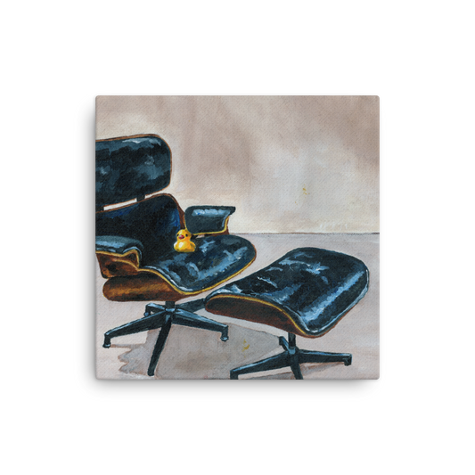 12x12 Canvas print of a rubber duck sitting in a black Eames chair