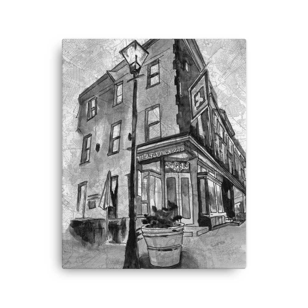 A 16" x 20" Canvas print of original watercolor and Pen and Ink painting of Baltimore's "The Admiral's Cup" bar painted on a map