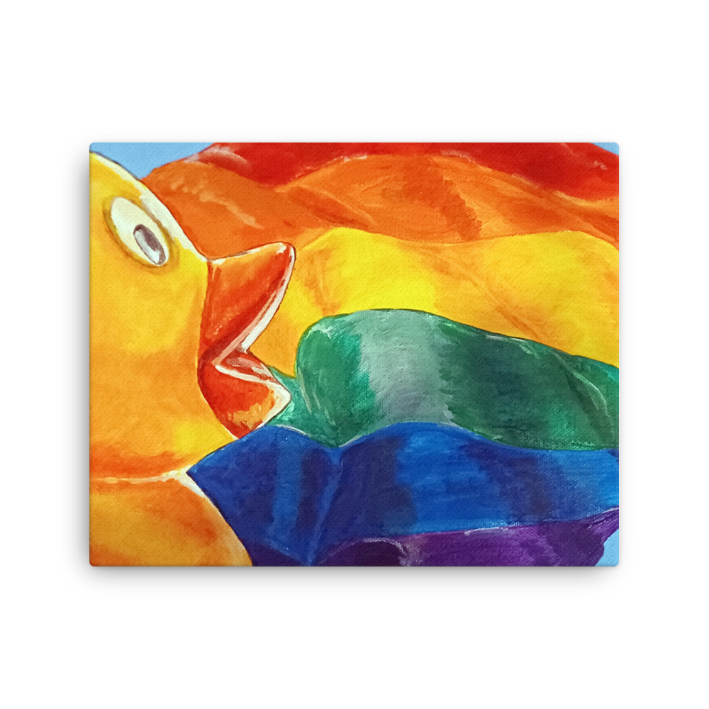 16x20 Canvas print of painting of rubber duck profile in front of pride flag