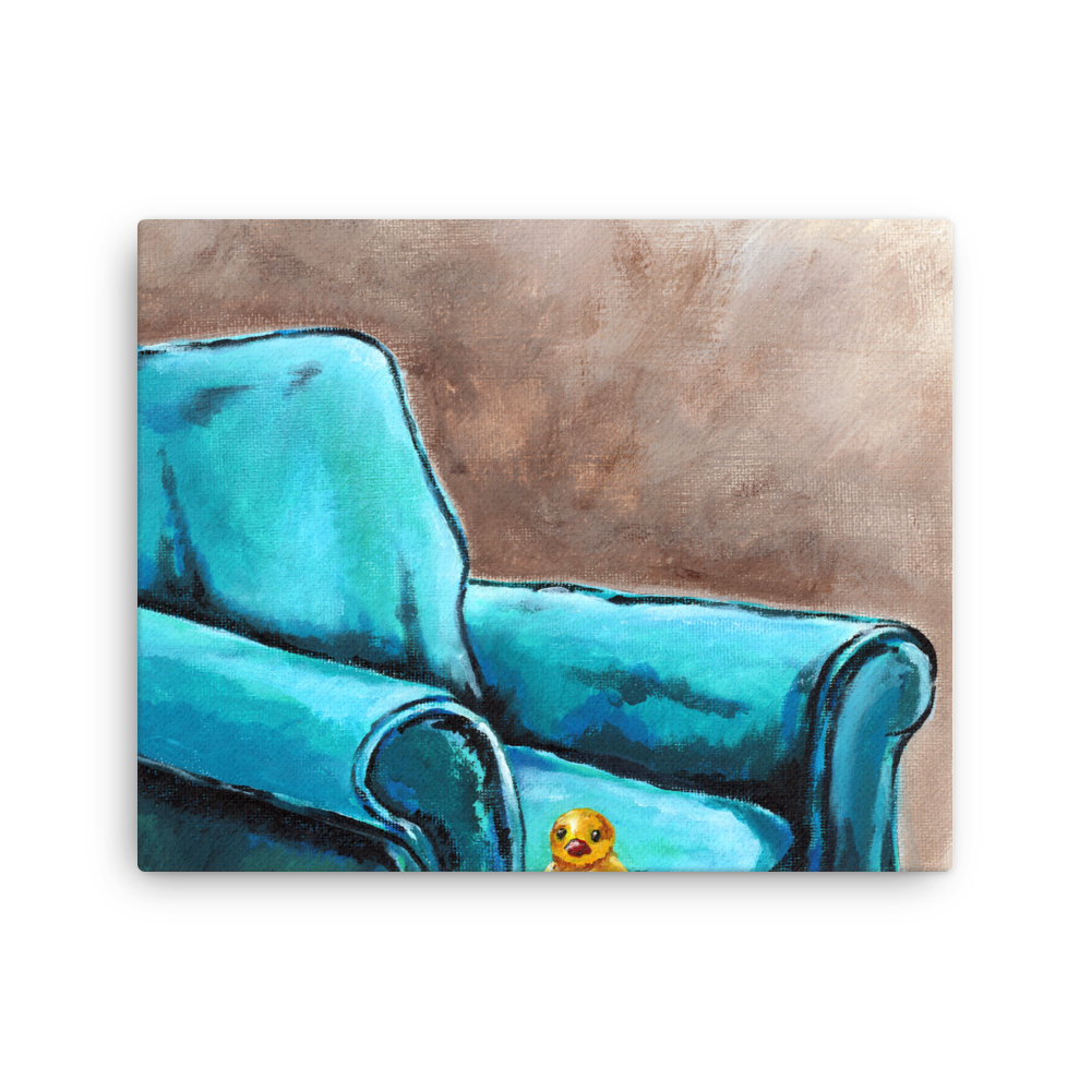 16x20 Canvas print of a painting of a rubber duck sitting in a blue arm chair