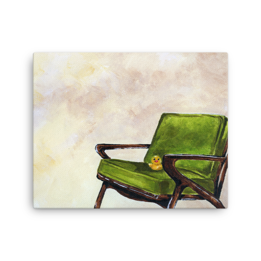 16x20 Canvas print of a rubber duck sitting in a green mid century arm chair