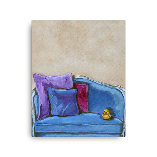 16x20 Canvas print of a rubber duck sitting in a blue upholstered chair