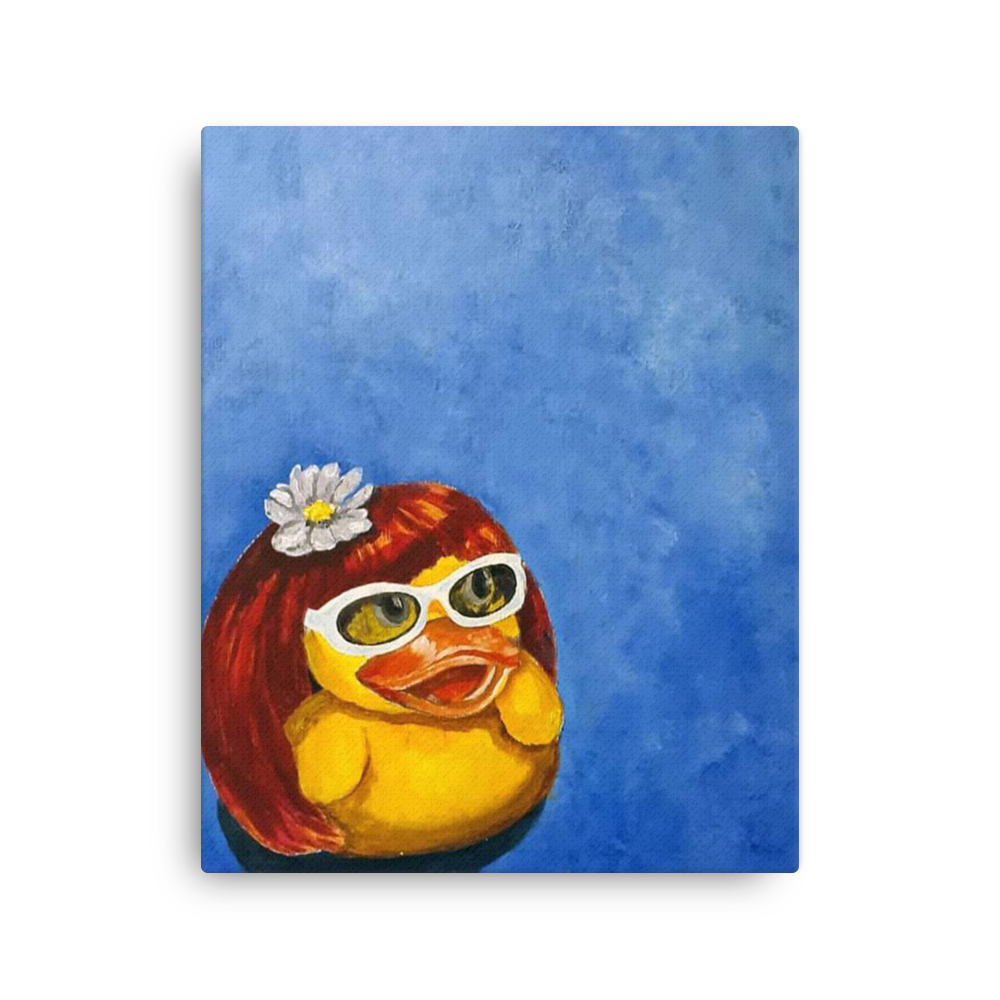 16x20 Canvas print of a rubber duck wearing a wig with a white flower on top and white glasses