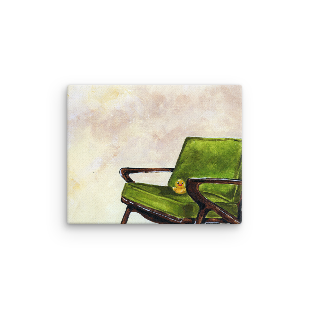 8x10 Canvas print of a rubber duck sitting in a green mid century arm chair