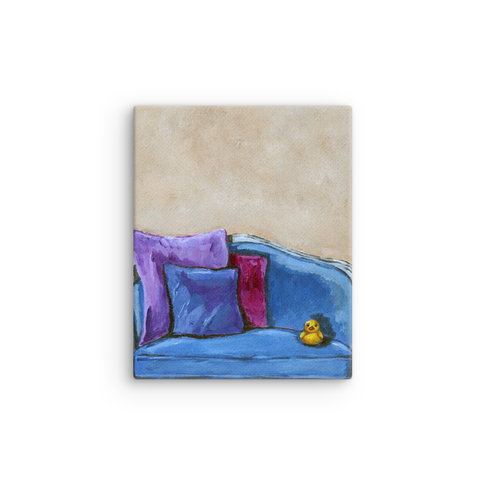 8x10 Canvas print of a rubber duck sitting in a blue upholstered chair