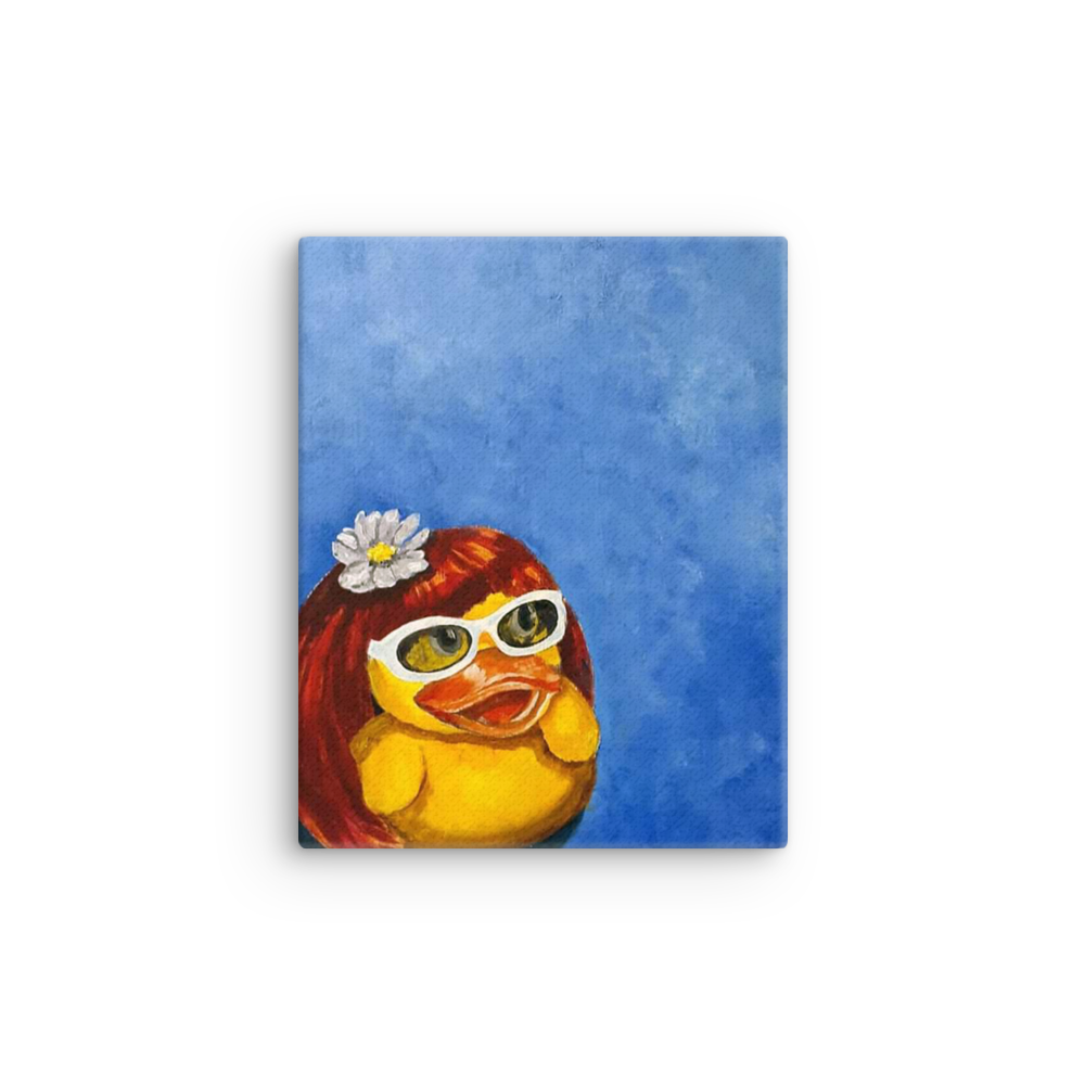 8x10 Canvas print of a rubber duck wearing a wig with a white flower on top and white glasses