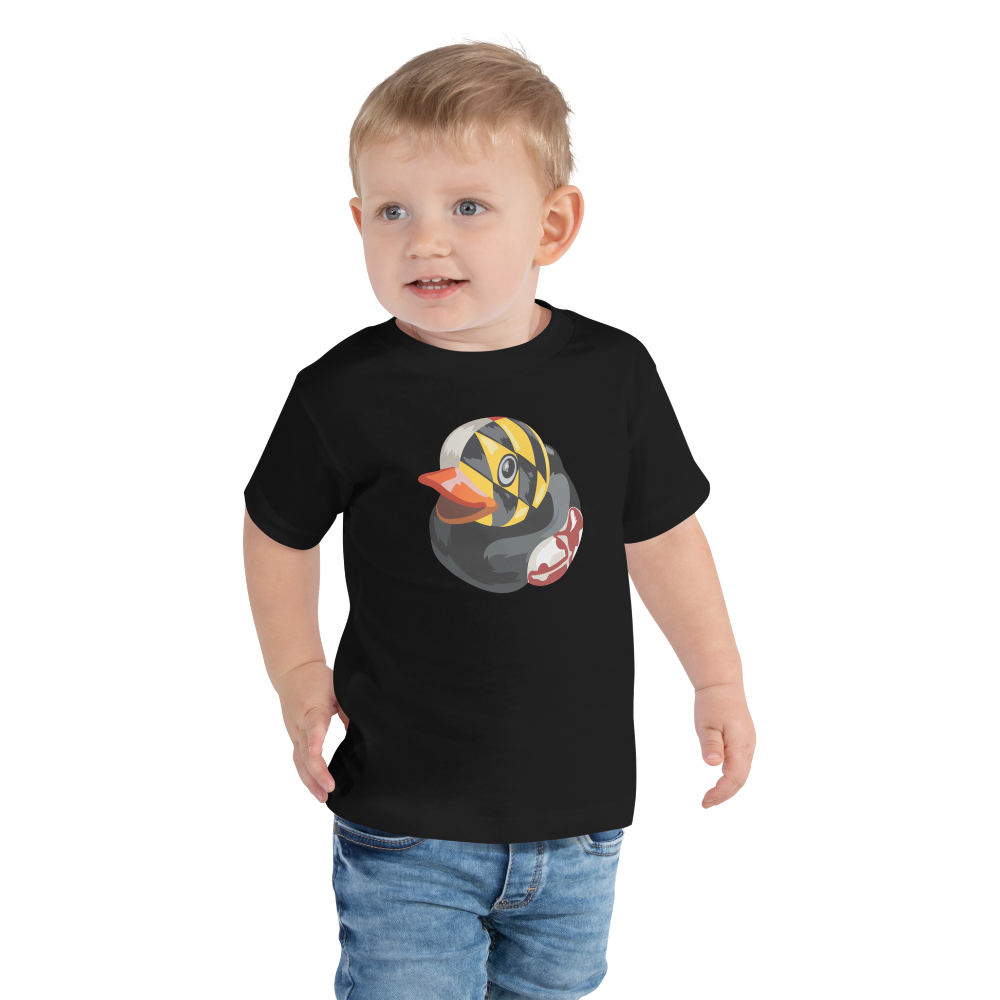 toddler wearing black t shirt with large Maryland BMORE DUCKS! logo on chest