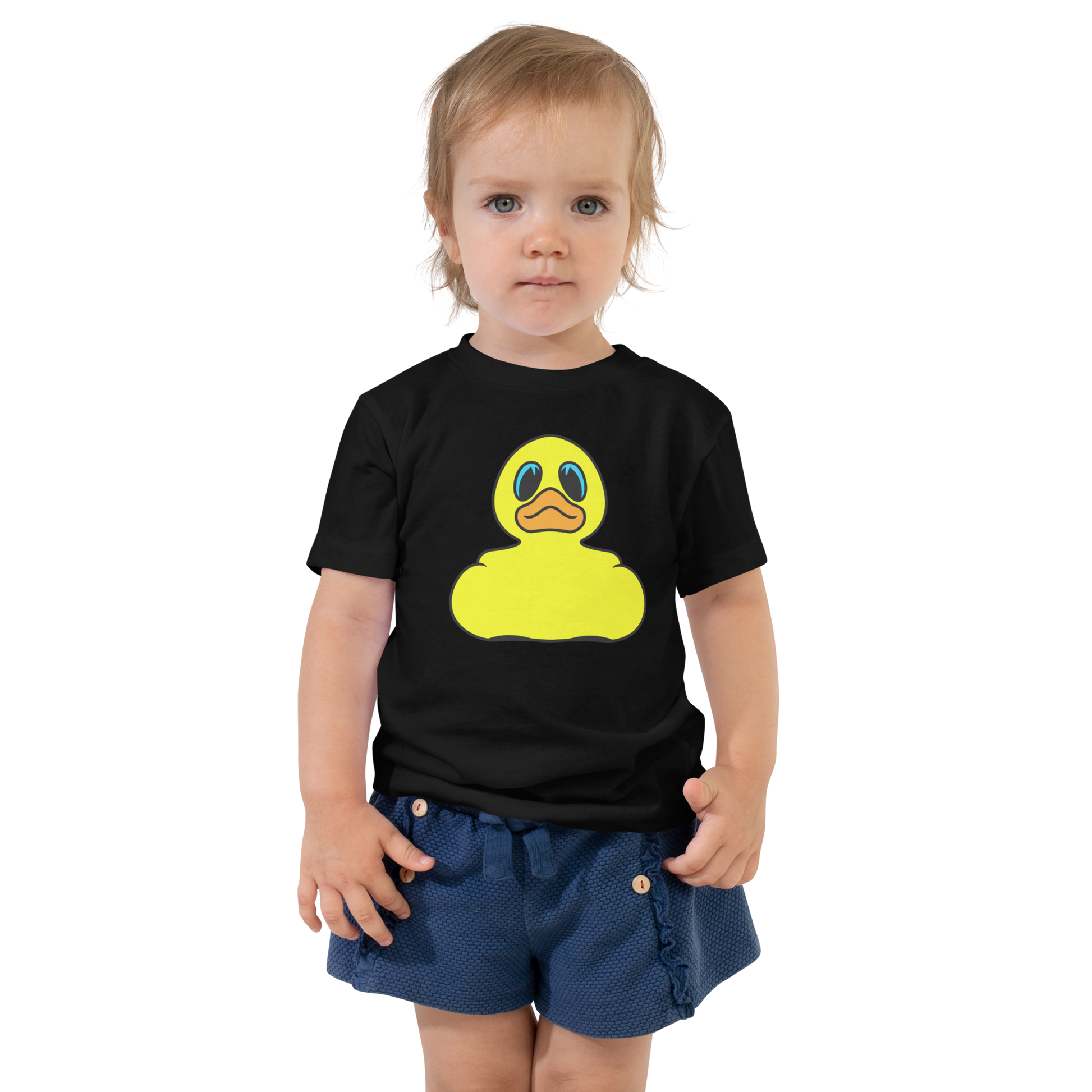 toddler wearing black t shirt with large Classic BMORE DUCKS!yellow rubber duck  logo on chest