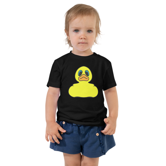 toddler wearing black t shirt with large Classic BMORE DUCKS!yellow rubber duck  logo on chest