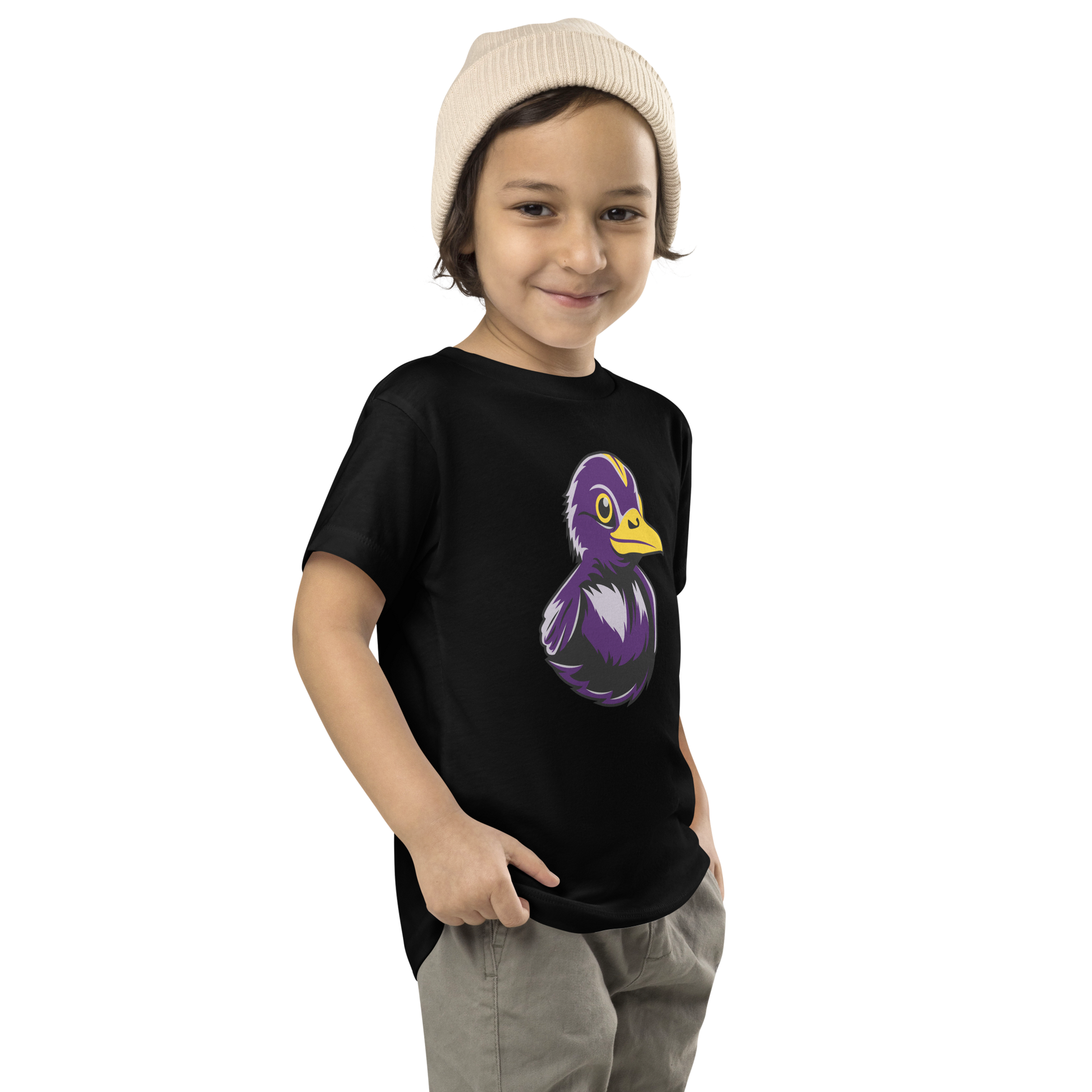 toddler wearing black t shirt with large BMORE DUCKS! Football Fan logo on chest