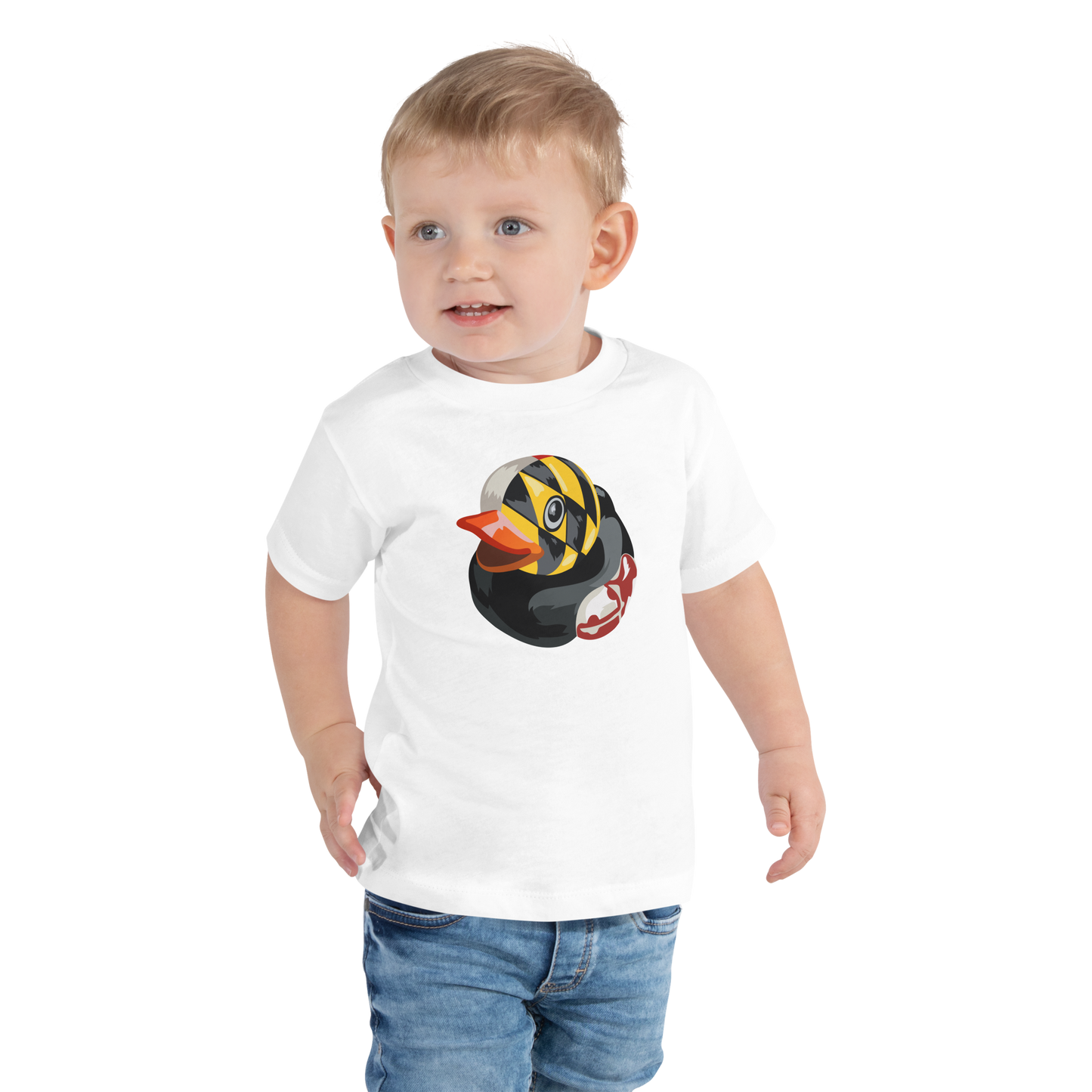 toddler wearing white t shirt with large Maryland BMORE DUCKS! logo on chest