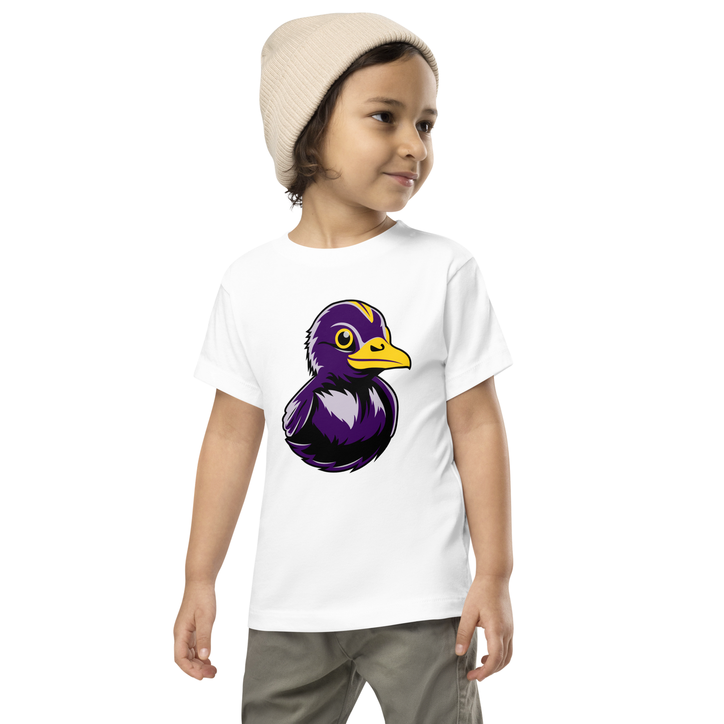 toddler wearing white t shirt with large BMORE DUCKS! Football Fan logo on chest