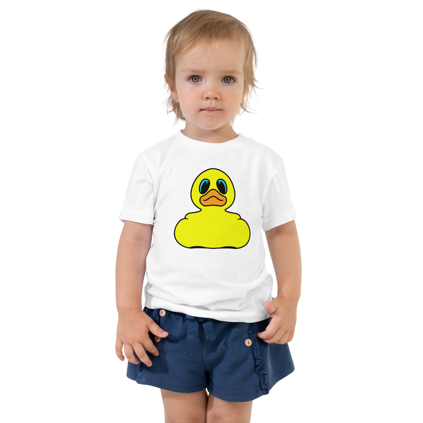 toddler wearing white t shirt with large Classic BMORE DUCKS!yellow rubber duck  logo on chest