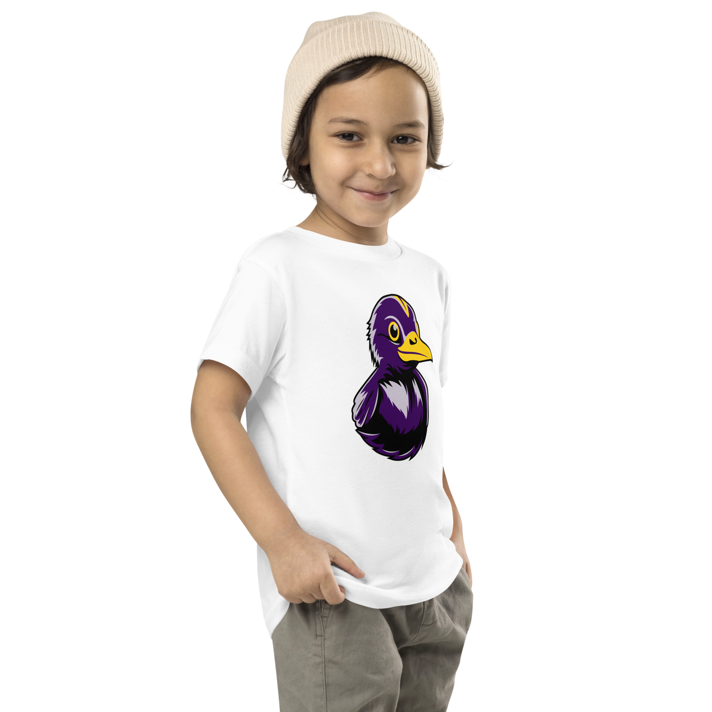 toddler wearing white t shirt with large BMORE DUCKS! Football Fan logo on chest