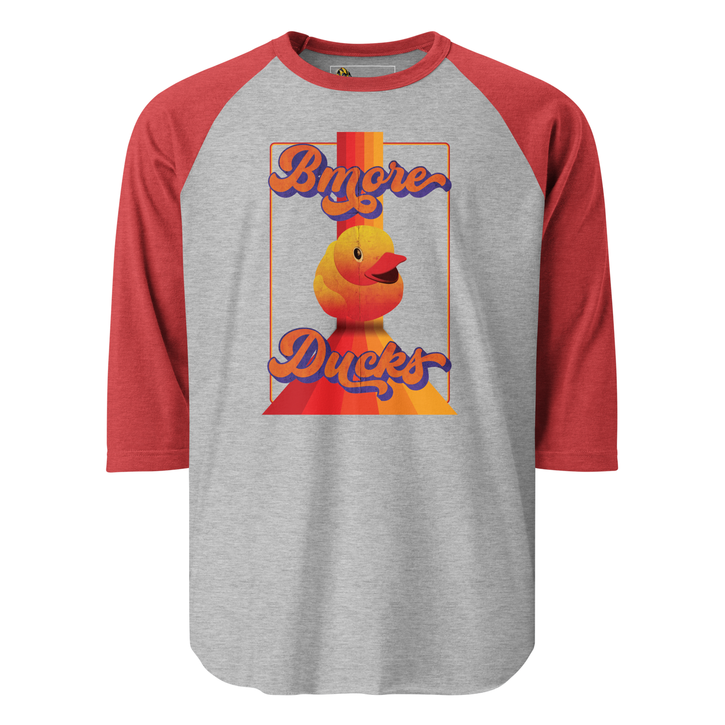 a red sleeve, gray centered raglan shirt with a vintage 1970's design that says "Bmore Ducks" and  features a yellow rubber duck