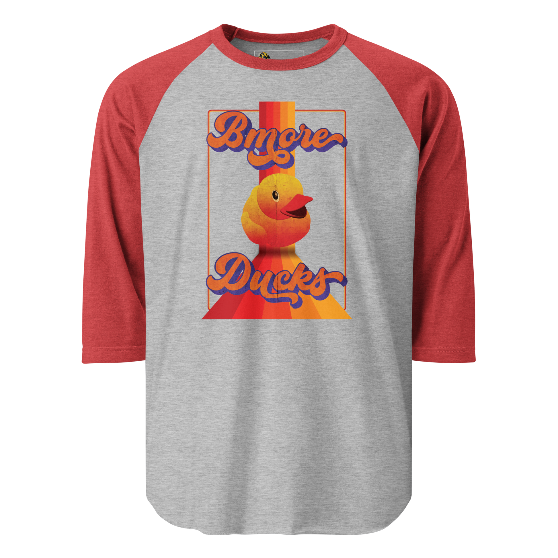 a red sleeve, gray centered raglan shirt with a vintage 1970's design that says "Bmore Ducks" and  features a yellow rubber duck