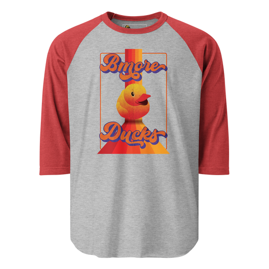 a red sleeve, gray centered raglan shirt with a vintage 1970's design that says "Bmore Ducks" and  features a yellow rubber duck