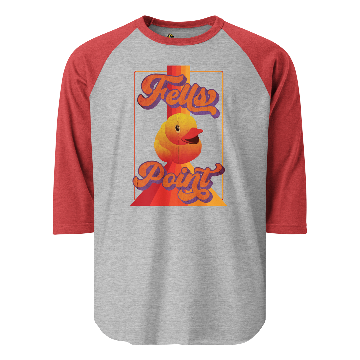 a red sleeve, gray centered raglan shirt with a vintage 1970's design that says "Fells Point" and  features a yellow rubber duck