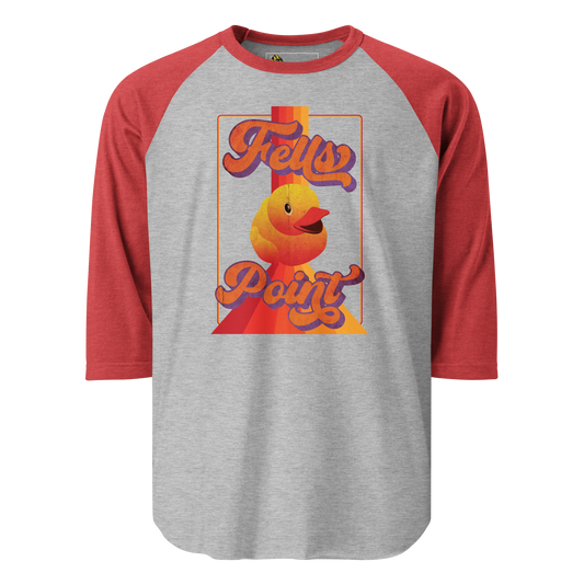 a red sleeve, gray centered raglan shirt with a vintage 1970's design that says "Fells Point" and  features a yellow rubber duck