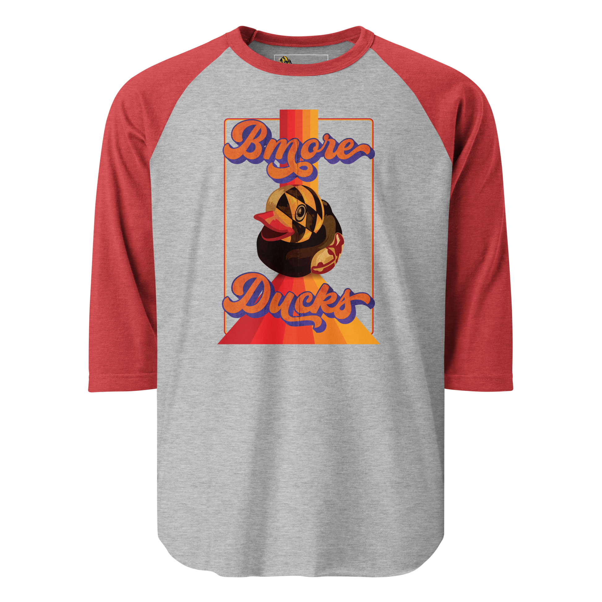 a red sleeve, gray centered raglan shirt with a vintage 1970's design that says "Bmore Ducks" and  features a Maryland flag rubber duck