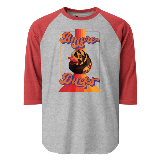 a red sleeve, gray centered raglan shirt with a vintage 1970's design that says "Bmore Ducks" and  features a Maryland flag rubber duck