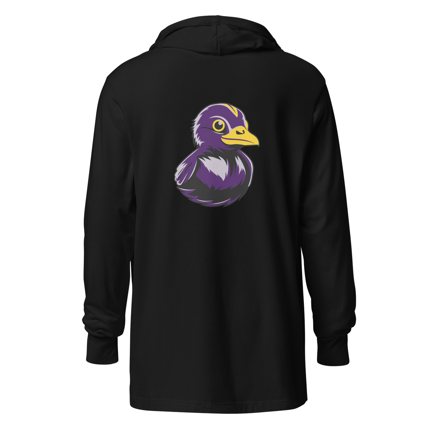 back view of black triblend BMORE DUCKS! football fan logo long sleeve hooded t-shirt