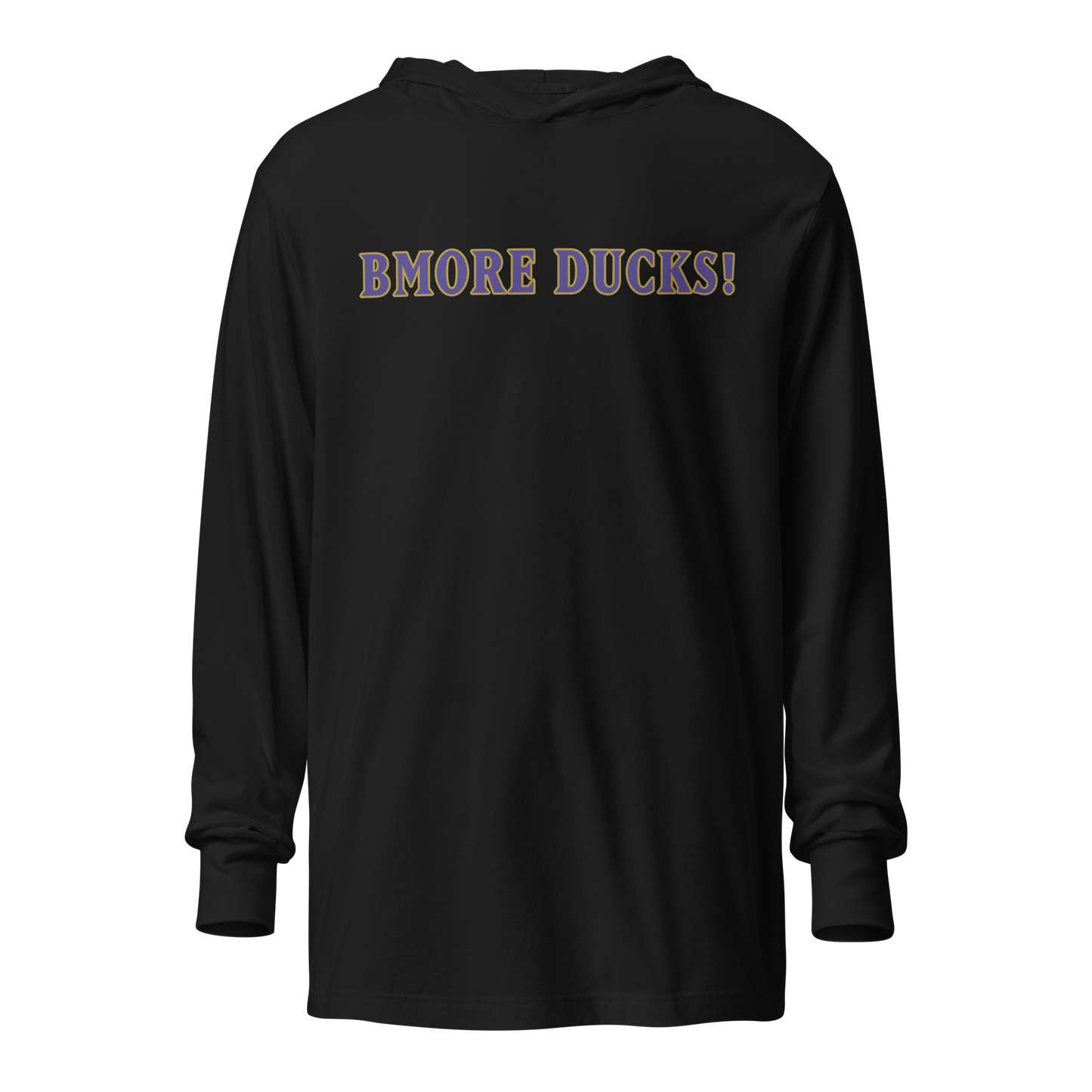 front view of black triblend BMORE DUCKS! football fan logo long sleeve hooded t-shirt