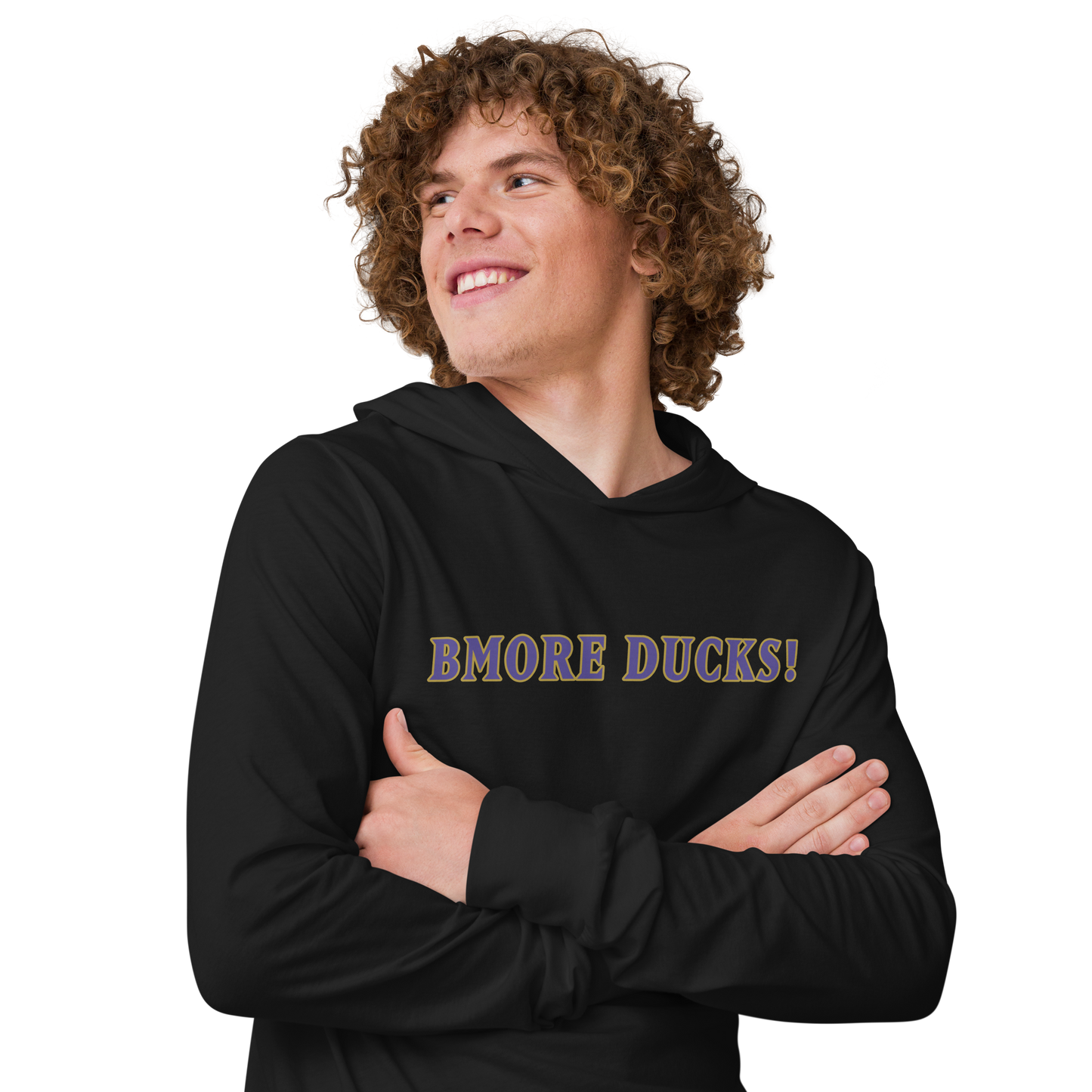 man with curly hair and arms crossed wearing a black BMORE DUCKS! football fan logo long sleeve hooded t-shirt