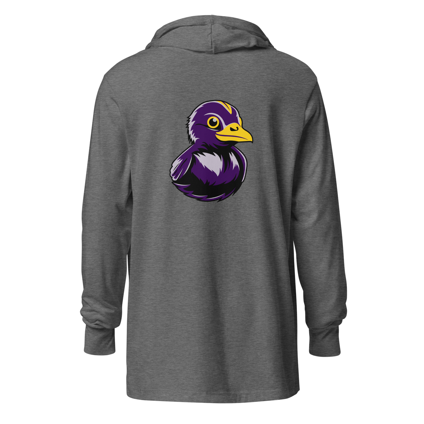 back view of gray triblend BMORE DUCKS! football fan logo long sleeve hooded t-shirt