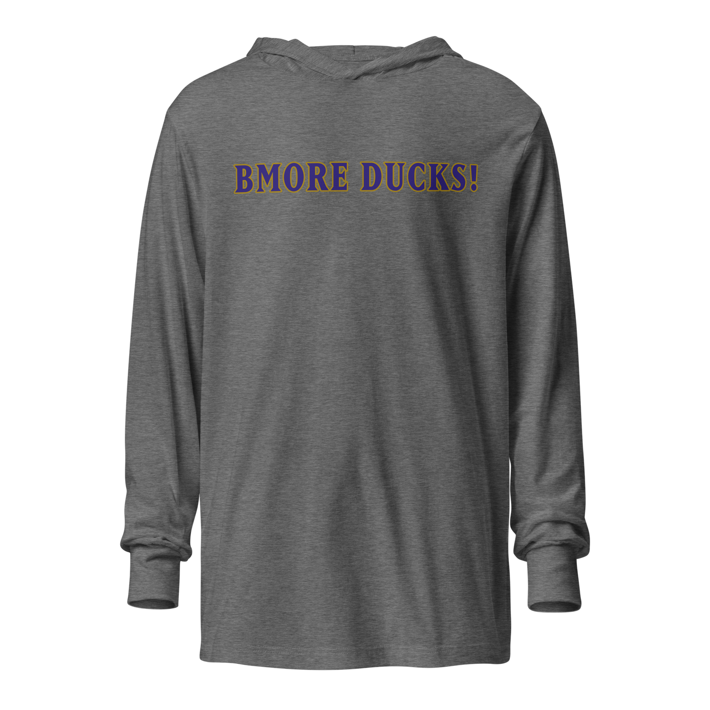 front view of gray triblend BMORE DUCKS! football fan logo long sleeve hooded t-shirt