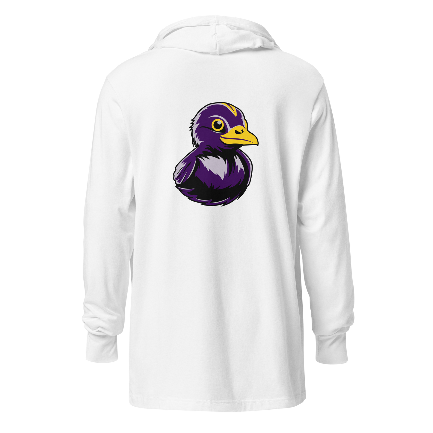 back view of white BMORE DUCKS! football fan logo long sleeve hooded t-shirt