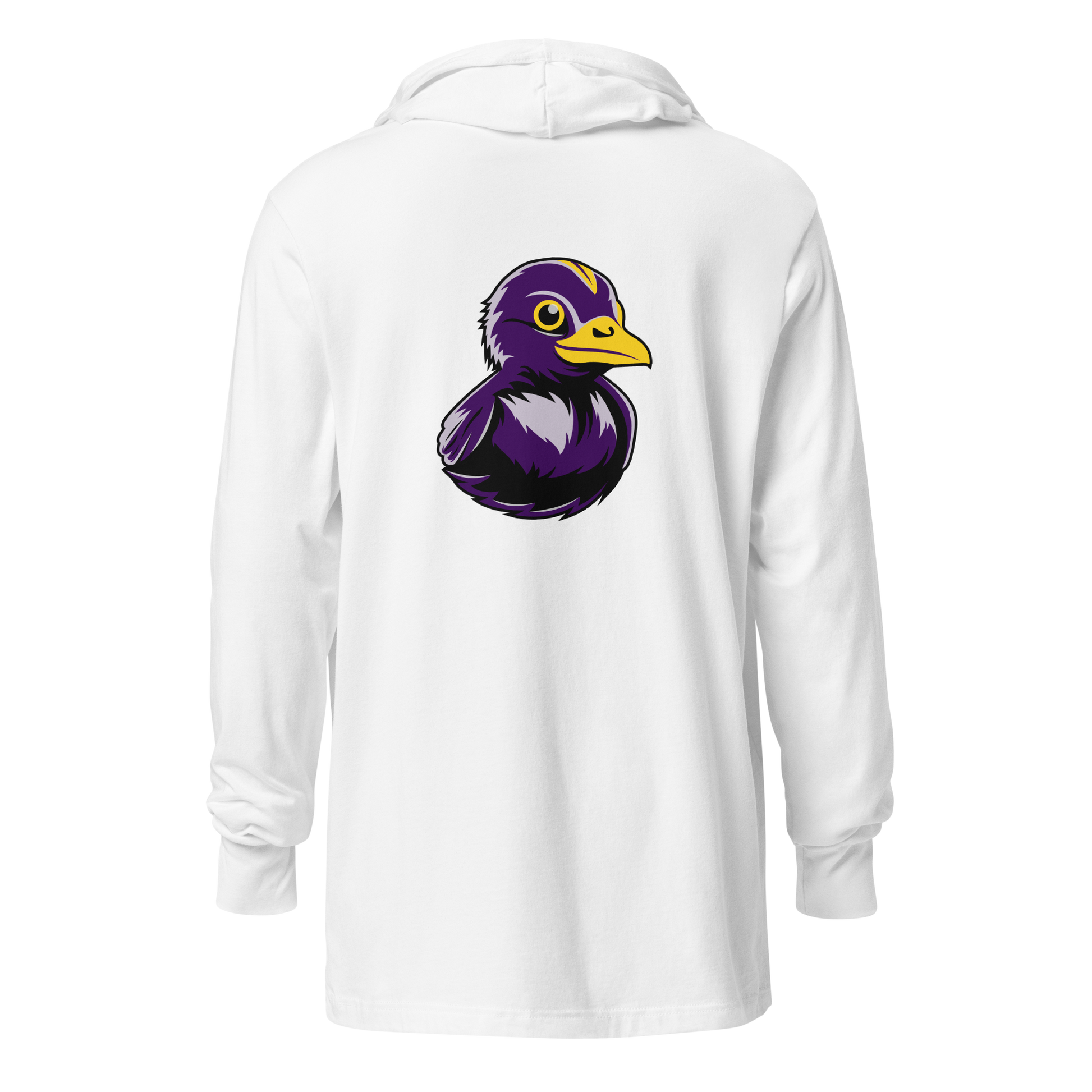 back view of white BMORE DUCKS! football fan logo long sleeve hooded t-shirt