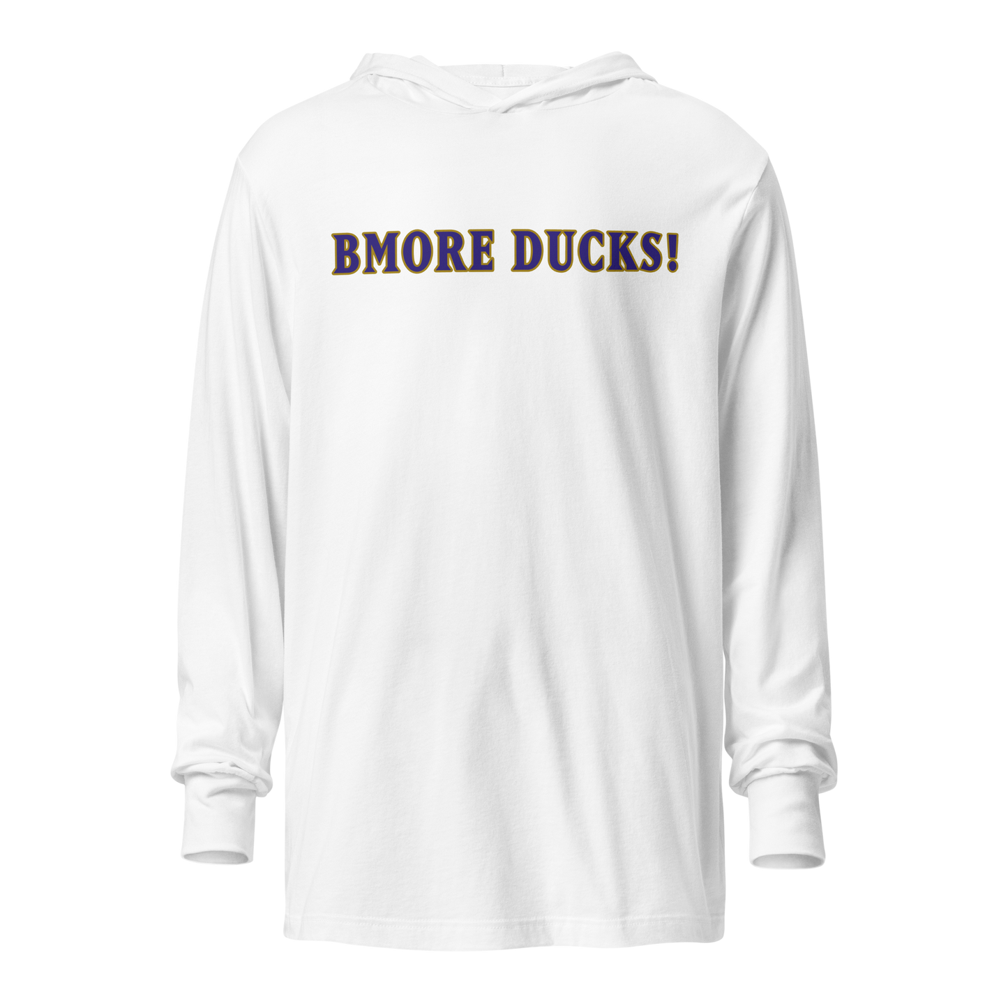 front view of white BMORE DUCKS! football fan logo long sleeve hooded t-shirt