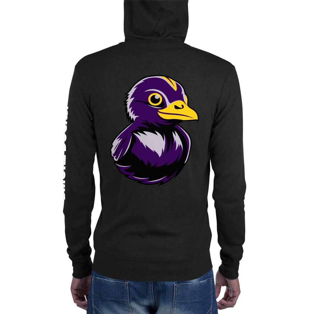 rear view of man wearing black hoodie zip up sweatshirt with extra large BMORE DUCKS! black and purple rubber duck on back