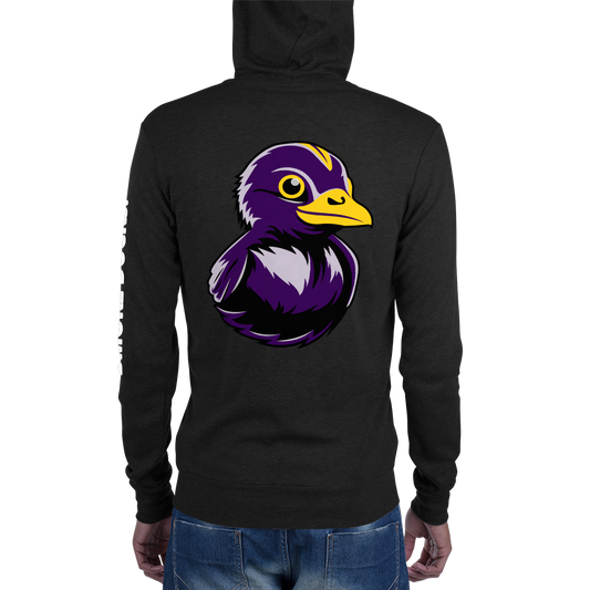 rear view of man wearing black hoodie zip up sweatshirt with extra large BMORE DUCKS! black and purple rubber duck on back