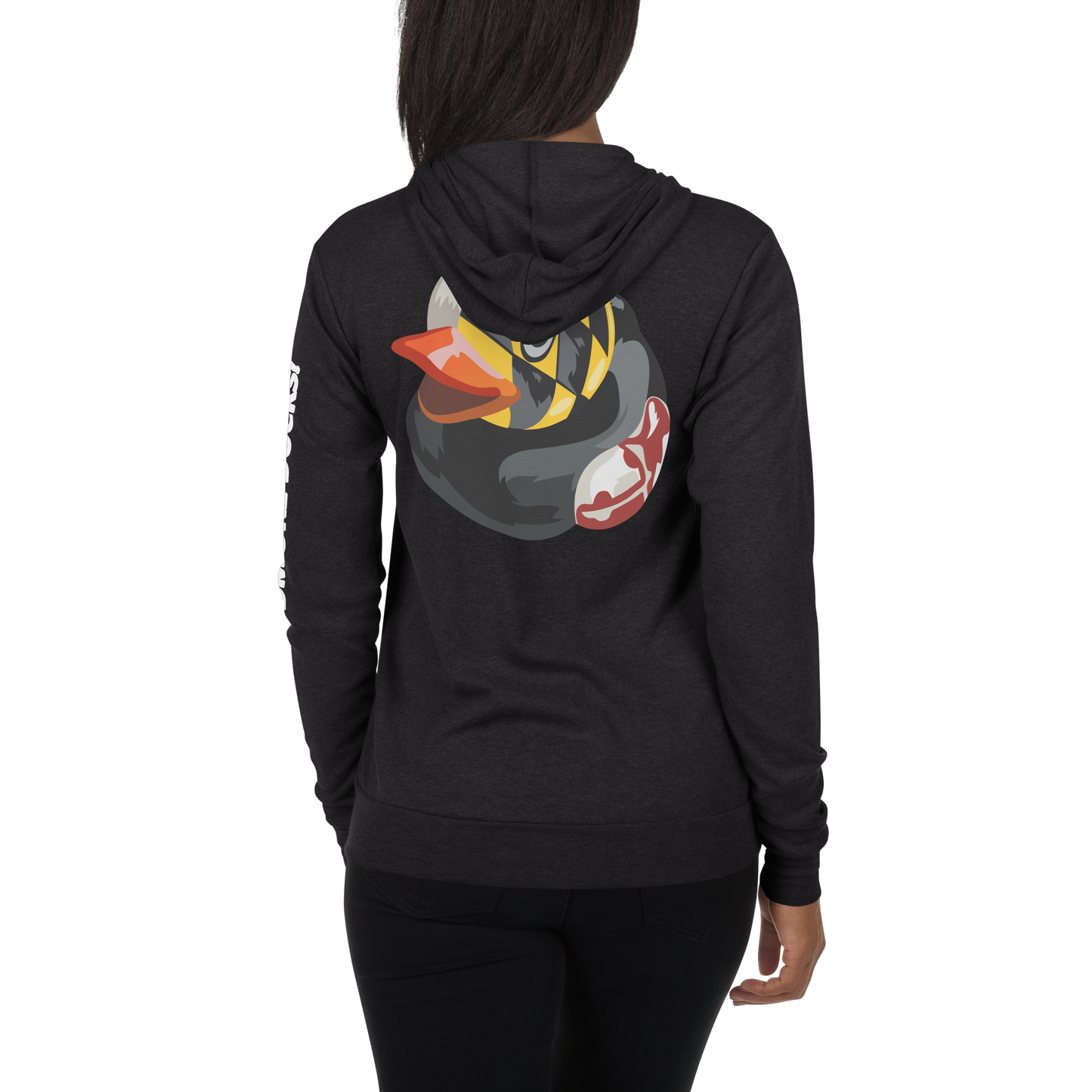 back view of woman wearing charcoal BMORE DUCKS! hoodie with large Maryland flag rubber duck on back center