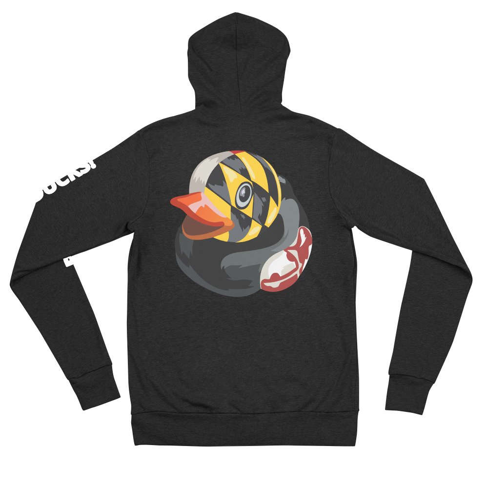 back side of charcoal hoodie decorated with BMORE DUCKS! Maryland flag rubber duck