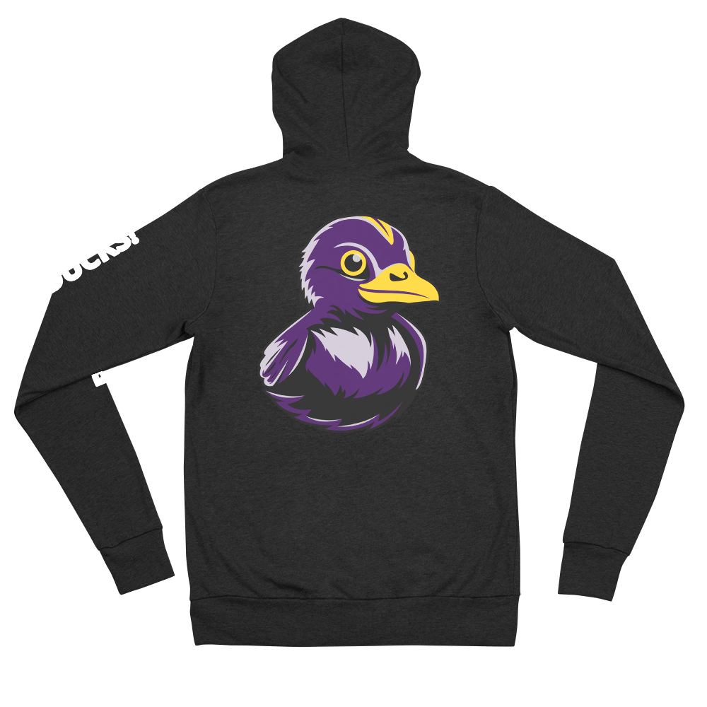 back side of charcoal hoodie decorated with BMORE DUCKS! black and purple rubber duck